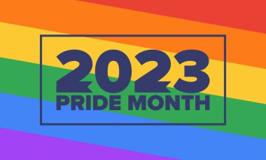 Haziran ayında LGBT Gurur Ayı. Lezbiyen Gey Biseksüel Transseksüel. Yıllık kutlama. LGBT bayrağı. Gökkuşağı aşk konsepti. İnsan hakları ve hoşgörü. Poster, kart, afiş ve geçmiş. Vektör ilüstrasyonu