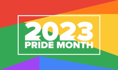 Haziran ayında LGBT Gurur Ayı. Lezbiyen Gey Biseksüel Transseksüel. Yıllık kutlama. LGBT bayrağı. Gökkuşağı aşk konsepti. İnsan hakları ve hoşgörü. Poster, kart, afiş ve geçmiş. Vektör ilüstrasyonu