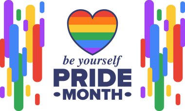 Haziran ayında LGBT Gurur Ayı. Lezbiyen Gey Biseksüel Transseksüel. Yıllık kutlama. LGBT bayrağı. Gökkuşağı aşk konsepti. İnsan hakları ve hoşgörü. Poster, kart, afiş ve geçmiş. Vektör ilüstrasyonu