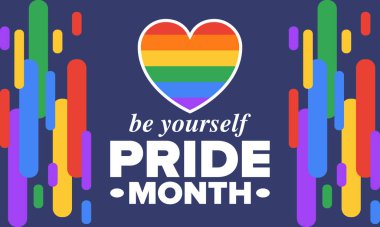 Haziran ayında LGBT Gurur Ayı. Lezbiyen Gey Biseksüel Transseksüel. Yıllık kutlama. LGBT bayrağı. Gökkuşağı aşk konsepti. İnsan hakları ve hoşgörü. Poster, kart, afiş ve geçmiş. Vektör ilüstrasyonu