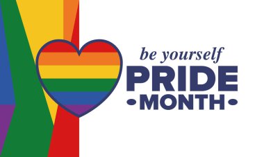 Haziran ayında LGBT Gurur Ayı. Lezbiyen Gey Biseksüel Transseksüel. Yıllık kutlama. LGBT bayrağı. Gökkuşağı aşk konsepti. İnsan hakları ve hoşgörü. Poster, kart, afiş ve geçmiş. Vektör ilüstrasyonu