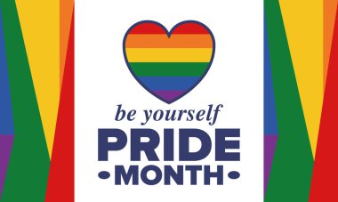 Haziran ayında LGBT Gurur Ayı. Lezbiyen Gey Biseksüel Transseksüel. Yıllık kutlama. LGBT bayrağı. Gökkuşağı aşk konsepti. İnsan hakları ve hoşgörü. Poster, kart, afiş ve geçmiş. Vektör ilüstrasyonu