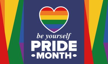 Haziran ayında LGBT Gurur Ayı. Lezbiyen Gey Biseksüel Transseksüel. Yıllık kutlama. LGBT bayrağı. Gökkuşağı aşk konsepti. İnsan hakları ve hoşgörü. Poster, kart, afiş ve geçmiş. Vektör ilüstrasyonu