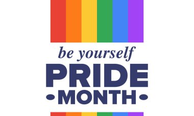 Haziran ayında LGBT Gurur Ayı. Lezbiyen Gey Biseksüel Transseksüel. Yıllık kutlama. LGBT bayrağı. Gökkuşağı aşk konsepti. İnsan hakları ve hoşgörü. Poster, kart, afiş ve geçmiş. Vektör ilüstrasyonu