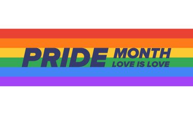 Haziran ayında LGBT Gurur Ayı. Lezbiyen Gey Biseksüel Transseksüel. Yıllık kutlama. LGBT bayrağı. Gökkuşağı aşk konsepti. İnsan hakları ve hoşgörü. Poster, kart, afiş ve geçmiş. Vektör ilüstrasyonu