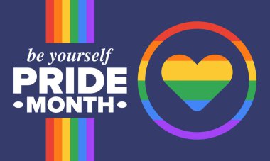 Haziran ayında LGBT Gurur Ayı. Lezbiyen Gey Biseksüel Transseksüel. Yıllık kutlama. LGBT bayrağı. Gökkuşağı aşk konsepti. İnsan hakları ve hoşgörü. Poster, kart, afiş ve geçmiş. Vektör ilüstrasyonu
