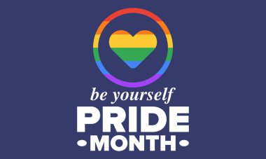 Haziran ayında LGBT Gurur Ayı. Lezbiyen Gey Biseksüel Transseksüel. Yıllık kutlama. LGBT bayrağı. Gökkuşağı aşk konsepti. İnsan hakları ve hoşgörü. Poster, kart, afiş ve geçmiş. Vektör ilüstrasyonu