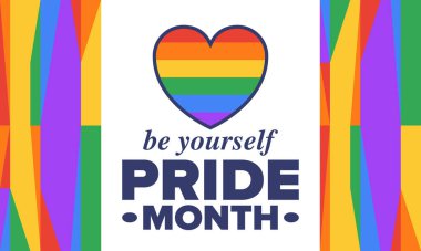 Haziran ayında LGBT Gurur Ayı. Lezbiyen Gey Biseksüel Transseksüel. Yıllık kutlama. LGBT bayrağı. Gökkuşağı aşk konsepti. İnsan hakları ve hoşgörü. Poster, kart, afiş ve geçmiş. Vektör ilüstrasyonu