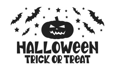 Cadılar Bayramı. Şeker mi şaka mı? Cadılar Bayramı partiniz kutlu olsun. Yıllığı 31 Ekim 'de kutlayın. Korkunç yüzlü balkabağı, yarasalar, hava balonları. Sonbahar, sonbahar mevsimi. Poster, tebrik kartı, afiş, geçmiş. Vektör