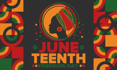 Haziran Bağımsızlık Günü 'nde. Özgürlük ya da Özgürlük Günü. Yıllık Amerikan bayramı, 19 Haziran 'da kutlandı. Afro-Amerikan tarihi ve mirası. Poster, tebrik kartı, afiş ve geçmiş. Vektör