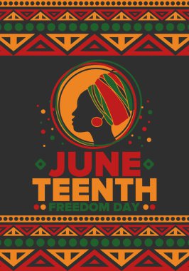 Haziran Bağımsızlık Günü 'nde. Özgürlük ya da Özgürlük Günü. Yıllık Amerikan bayramı, 19 Haziran 'da kutlandı. Afro-Amerikan tarihi ve mirası. Poster, tebrik kartı, afiş ve geçmiş. Vektör