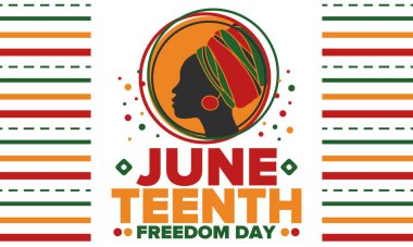 Haziran Bağımsızlık Günü 'nde. Özgürlük ya da Özgürlük Günü. Yıllık Amerikan bayramı, 19 Haziran 'da kutlandı. Afro-Amerikan tarihi ve mirası. Poster, tebrik kartı, afiş ve geçmiş. Vektör