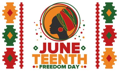 Haziran Bağımsızlık Günü 'nde. Özgürlük ya da Özgürlük Günü. Yıllık Amerikan bayramı, 19 Haziran 'da kutlandı. Afro-Amerikan tarihi ve mirası. Poster, tebrik kartı, afiş ve geçmiş. Vektör