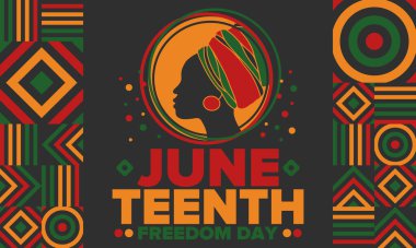 Haziran Bağımsızlık Günü 'nde. Özgürlük ya da Özgürlük Günü. Yıllık Amerikan bayramı, 19 Haziran 'da kutlandı. Afro-Amerikan tarihi ve mirası. Poster, tebrik kartı, afiş ve geçmiş. Vektör