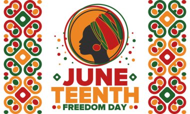 Haziran Bağımsızlık Günü 'nde. Özgürlük ya da Özgürlük Günü. Yıllık Amerikan bayramı, 19 Haziran 'da kutlandı. Afro-Amerikan tarihi ve mirası. Poster, tebrik kartı, afiş ve geçmiş. Vektör