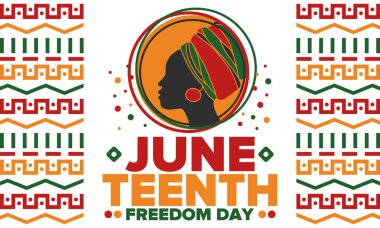 Haziran Bağımsızlık Günü 'nde. Özgürlük ya da Özgürlük Günü. Yıllık Amerikan bayramı, 19 Haziran 'da kutlandı. Afro-Amerikan tarihi ve mirası. Poster, tebrik kartı, afiş ve geçmiş. Vektör