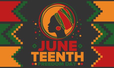 Haziran Bağımsızlık Günü 'nde. Özgürlük ya da Özgürlük Günü. Yıllık Amerikan bayramı, 19 Haziran 'da kutlandı. Afro-Amerikan tarihi ve mirası. Poster, tebrik kartı, afiş ve geçmiş. Vektör