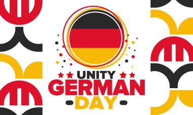 Alman Birleşme Günü. Almanya 'da her yıl 3 Ekim' de kutlanıyor. Ulusal birlik, özgürlük ve yeniden birleşme bayramın kutlu olsun. Alman bayrağı. Vatansever poster tasarımı. Vektör illüstrasyonu