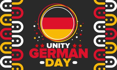 Alman Birleşme Günü. Almanya 'da her yıl 3 Ekim' de kutlanıyor. Ulusal birlik, özgürlük ve yeniden birleşme bayramın kutlu olsun. Alman bayrağı. Vatansever poster tasarımı. Vektör illüstrasyonu