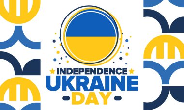 Ukraine Independence Day. National happy holiday, celebrated annual in August 24. Ukrainian flag. Blue and yellow. Patriotic elements. Poster, card, banner and background. Vector illustration