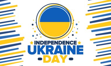 Ukraine Independence Day. National happy holiday, celebrated annual in August 24. Ukrainian flag. Blue and yellow. Patriotic elements. Poster, card, banner and background. Vector illustration