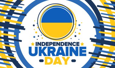 Ukraine Independence Day. National happy holiday, celebrated annual in August 24. Ukrainian flag. Blue and yellow. Patriotic elements. Poster, card, banner and background. Vector illustration