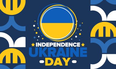 Ukraine Independence Day. National happy holiday, celebrated annual in August 24. Ukrainian flag. Blue and yellow. Patriotic elements. Poster, card, banner and background. Vector illustration