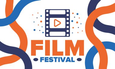 Film Festivali. Film ödülü. Sinematografi etkinliği. Sinema prömiyeri grafiği. Video yapım stüdyosu. Film yapma sanatı. Film şeridi logosu. Gösteri ve eğlence. Vektör çizimi. Poster tasarımı