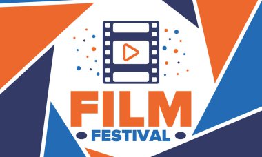 Film Festivali. Film ödülü. Sinematografi etkinliği. Sinema prömiyeri grafiği. Video yapım stüdyosu. Film yapma sanatı. Film şeridi logosu. Gösteri ve eğlence. Vektör çizimi. Poster tasarımı