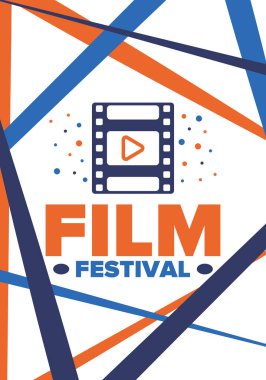 Film Festivali. Film ödülü. Sinematografi etkinliği. Sinema prömiyeri grafiği. Video yapım stüdyosu. Film yapma sanatı. Film şeridi logosu. Gösteri ve eğlence. Vektör çizimi. Poster tasarımı