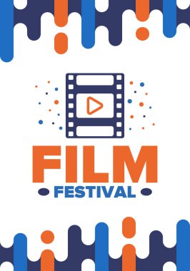 Film Festivali. Film ödülü. Sinematografi etkinliği. Sinema prömiyeri grafiği. Video yapım stüdyosu. Film yapma sanatı. Film şeridi logosu. Gösteri ve eğlence. Vektör çizimi. Poster tasarımı