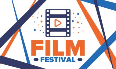 Film Festivali. Film ödülü. Sinematografi etkinliği. Sinema prömiyeri grafiği. Video yapım stüdyosu. Film yapma sanatı. Film şeridi logosu. Gösteri ve eğlence. Vektör çizimi. Poster tasarımı