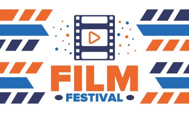 Film Festivali. Film ödülü. Sinematografi etkinliği. Sinema prömiyeri grafiği. Video yapım stüdyosu. Film yapma sanatı. Film şeridi logosu. Gösteri ve eğlence. Vektör çizimi. Poster tasarımı