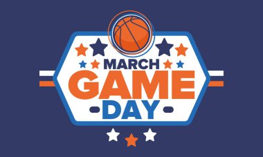 Maç günü. Mart ayında basketbol playoff 'u. Basketbol sahası. Amerika 'da süper spor partisi. Sezon turnuvasının son maçları. Profesyonel takım şampiyonluğu. Basketbol topu. Spor afişi. Vektör