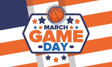 Maç günü. Mart ayında basketbol playoff 'u. Basketbol sahası. Amerika 'da süper spor partisi. Sezon turnuvasının son maçları. Profesyonel takım şampiyonluğu. Basketbol topu. Spor afişi. Vektör