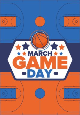 Maç günü. Mart ayında basketbol playoff 'u. Basketbol sahası. Amerika 'da süper spor partisi. Sezon turnuvasının son maçları. Profesyonel takım şampiyonluğu. Basketbol topu. Spor afişi. Vektör