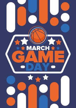 Maç günü. Mart ayında basketbol playoff 'u. Basketbol sahası. Amerika 'da süper spor partisi. Sezon turnuvasının son maçları. Profesyonel takım şampiyonluğu. Basketbol topu. Spor afişi. Vektör