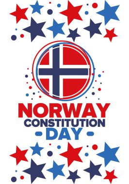 Norveç Anayasa Günü. Mutlu bayramlar, 17 Mayıs 'ta kutlanan yıllık kutlamalar. Norveç bayrağı. Norveç 'in bağımsızlığı ve özgürlüğü. Vatansever poster. Şenlik ve geçit töreni tasarımı. Vektör illüstrasyonu