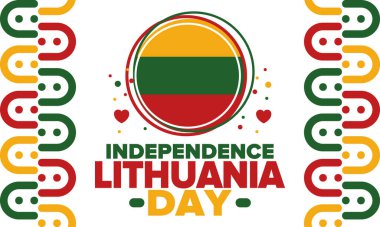 Litvanya Bağımsızlık Günü. Mutlu bayramlar, yıllık kutlamalar. Litvanya bayrağı. Litvanya 'nın bağımsızlığı ve özgürlüğü. Baltık ülkesi. Vatansever poster. Şenlik ve geçit töreni tasarımı. Vektör illüstrasyonu