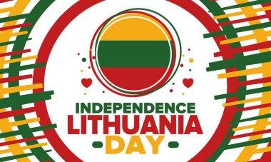 Litvanya Bağımsızlık Günü. Mutlu bayramlar, yıllık kutlamalar. Litvanya bayrağı. Litvanya 'nın bağımsızlığı ve özgürlüğü. Baltık ülkesi. Vatansever poster. Şenlik ve geçit töreni tasarımı. Vektör illüstrasyonu