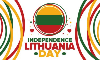 Litvanya Bağımsızlık Günü. Mutlu bayramlar, yıllık kutlamalar. Litvanya bayrağı. Litvanya 'nın bağımsızlığı ve özgürlüğü. Baltık ülkesi. Vatansever poster. Şenlik ve geçit töreni tasarımı. Vektör illüstrasyonu