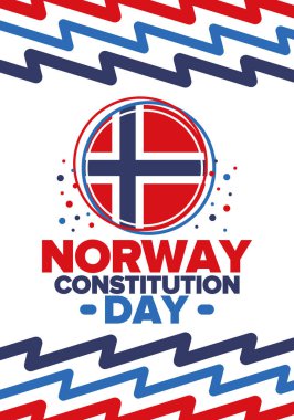 Norveç Anayasa Günü. Mutlu bayramlar, 17 Mayıs 'ta kutlanan yıllık kutlamalar. Norveç bayrağı. Norveç 'in bağımsızlığı ve özgürlüğü. Vatansever poster. Şenlik ve geçit töreni tasarımı. Vektör illüstrasyonu