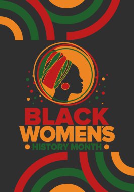 Nisan 'da Siyahi Kadınlar Tarihi Ayı. Kökleri Afrika 'ya dayanan siyahi kadınların şerefine bir tatil. Kadın sembolü. Kız gücü. Kadın hakları. Siyah kadın silueti. Poster, kartpostal, afiş. Vektör illüstrasyonu