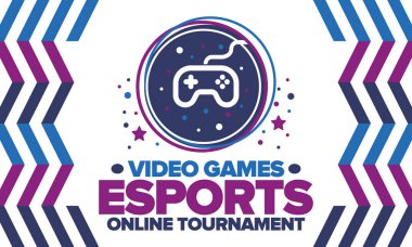 Esports Online Turnuvası. Video oyunları yayınlanıyor. Sanal spor ve oyun konsepti. Oyun salonunda, video veya bilgisayar oyununda oyna. Oyun platformu, kumanda ya da joystick. Boş zaman, eğlence ve eğlence. Vektör illüstrasyonu