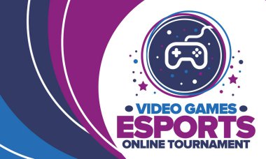 Esports Online Turnuvası. Video oyunları yayınlanıyor. Sanal spor ve oyun konsepti. Oyun salonunda, video veya bilgisayar oyununda oyna. Oyun platformu, kumanda ya da joystick. Boş zaman, eğlence ve eğlence. Vektör illüstrasyonu