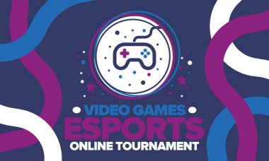 Esports Online Turnuvası. Video oyunları yayınlanıyor. Sanal spor ve oyun konsepti. Oyun salonunda, video veya bilgisayar oyununda oyna. Oyun platformu, kumanda ya da joystick. Boş zaman, eğlence ve eğlence. Vektör illüstrasyonu