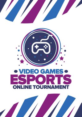 Esports Online Turnuvası. Video oyunları yayınlanıyor. Sanal spor ve oyun konsepti. Oyun salonunda, video veya bilgisayar oyununda oyna. Oyun platformu, kumanda ya da joystick. Boş zaman, eğlence ve eğlence. Vektör illüstrasyonu