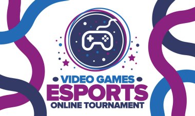 Esports Online Turnuvası. Video oyunları yayınlanıyor. Sanal spor ve oyun konsepti. Oyun salonunda, video veya bilgisayar oyununda oyna. Oyun platformu, kumanda ya da joystick. Boş zaman, eğlence ve eğlence. Vektör illüstrasyonu