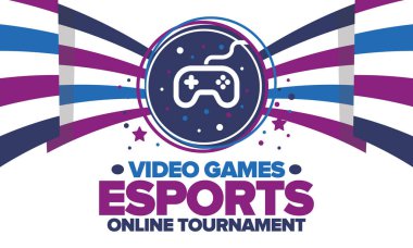 Esports Online Turnuvası. Video oyunları yayınlanıyor. Sanal spor ve oyun konsepti. Oyun salonunda, video veya bilgisayar oyununda oyna. Oyun platformu, kumanda ya da joystick. Boş zaman, eğlence ve eğlence. Vektör illüstrasyonu