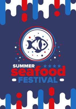 Deniz ürünleri Yaz Festivali. Balık ve patates kızartması partisi. Aile tatilleri, mutlu kutlamalar. Okyanus ve deniz ürünleri. Sağlıklı beslenme, açık havada barbekü. Lezzetli atıştırmalıklarla tatil. Vektör illüstrasyonu